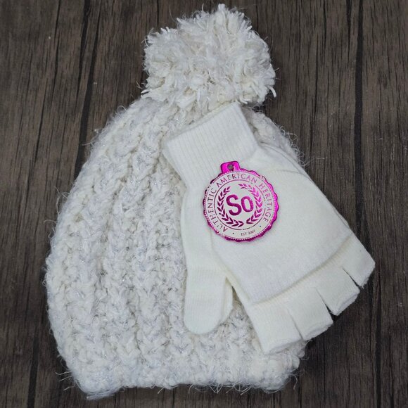 SO ✦ American Heritage Knit Hat Gloves ✦ Ivory Pom Beanie Convertible Fingerless - Picture 1 of 7